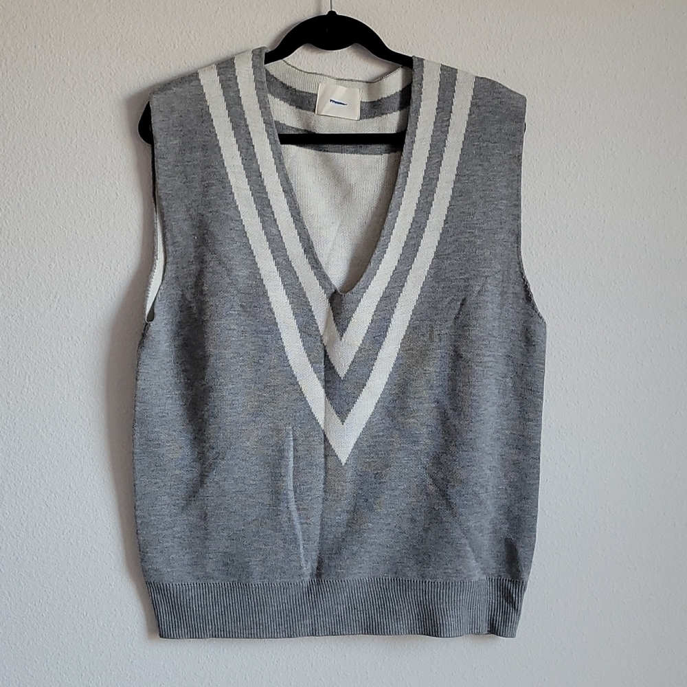 All:Row  grey v neck sweater vest  with white stripes Preppy Prep Nautical